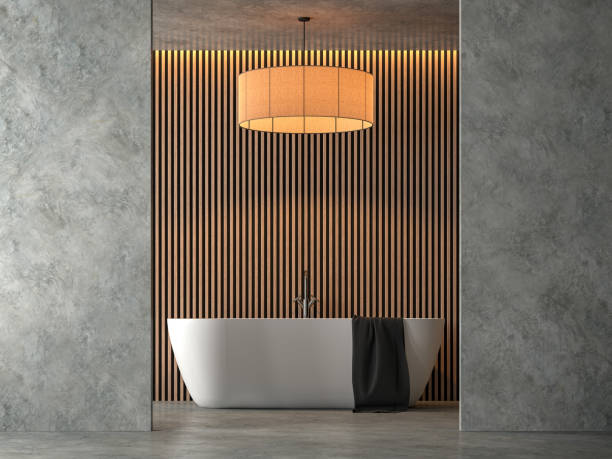 Loft style bathroom with polished cocrete 3d render.Decorrate wall with wood lattice and big fabric lamp.