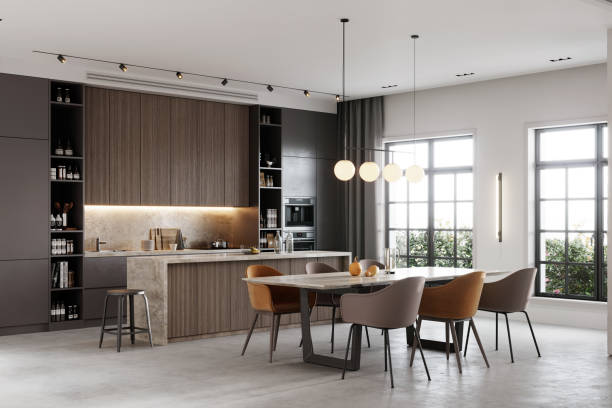 3D rendering of a kitchen bay and dining area in living room. Large and luxurious interiors of a living room with attached kitchen and dining table.