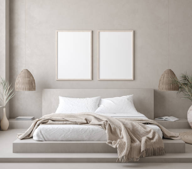 Mock up frame in bedroom interior background, 3d render