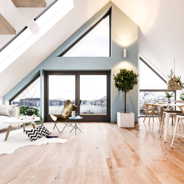 Scandinavian loft interior. Render image.